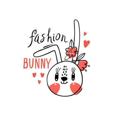 Moda kawaii bunny. Vektör çizim çiçek şeklinde saç tokası bir tavşan yüzle. Kullanılabilir t-shirt baskı için çocuk giyim tasarım, bebek duş kartı