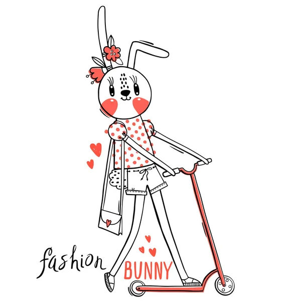 Coelhinho kawaii da moda. Ilustração de vetor de um coelho na roupa na moda que monta uma scooter. Pode ser usado para impressão de t-shirt, design de desgaste de crianças, cartão de banho de bebê —  Vetores de Stock