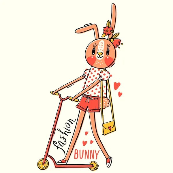 Moda kawaii bunny. Bir scooter sürme moda giysiler giymiş bir tavşan vektör Illustration. Kullanılabilir t-shirt baskı için çocuk giyim tasarım, bebek duş kartı — Stok Vektör