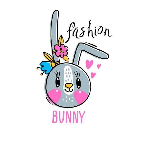 Moda kawaii bunny. Vektör çizim çiçek şeklinde saç tokası bir tavşan yüzle. Kullanılabilir t-shirt baskı için çocuk giyim tasarım, bebek duş kartı — Stok Vektör