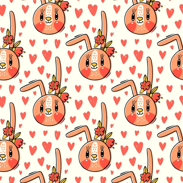 Patrón sin costuras con cara de conejo lindo con flores de barretas. Conejito kawaii de moda. Ilustración vectorial — Archivo Imágenes Vectoriales