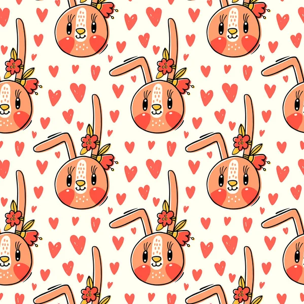 Seamless pattern with cute rabbit face with a barrettes flowers. Fashion kawaii bunny. Vector illustration — Stock Vector