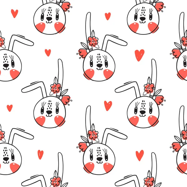 Seamless pattern with cute rabbit face with a barrettes flowers. Fashion kawaii bunny. Vector illustration — Stock Vector