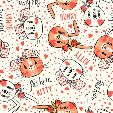 Saç iğneler yay kediler ve tavşan yüzleri ile Dikişsiz desen. Moda Kawaii Bunny ve Kitty. Vektör Illustration