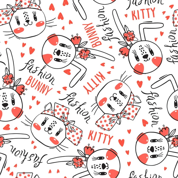 Naadloos patroon met gezichten van katten en konijnen in spelden bogen. Mode kawaii Bunny en Kitty. Vector illustratie — Stockvector