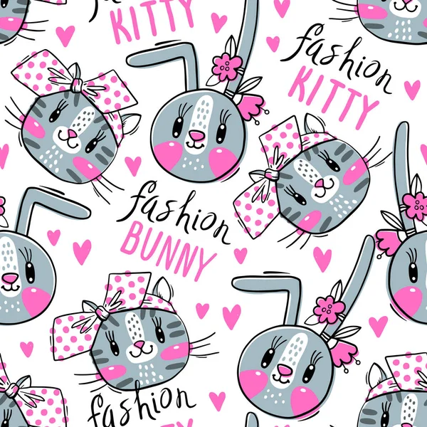 Sömlösa mönster med ansikten av katter och kaniner i hårnålar bågar. Mode kawaii Bunny och Kitty. Vektor illustration — Stock vektor