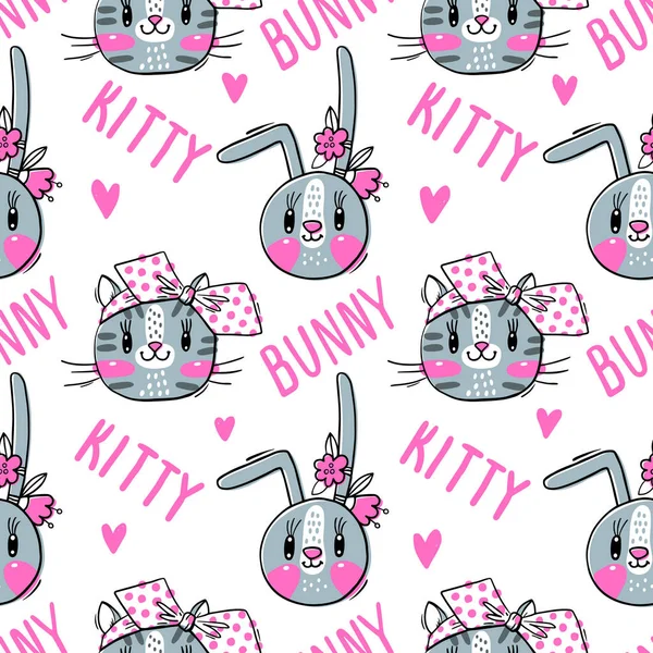 Sömlösa mönster med ansikten av katter och kaniner i hårnålar bågar. Mode kawaii Bunny och Kitty. Vektor illustration — Stock vektor