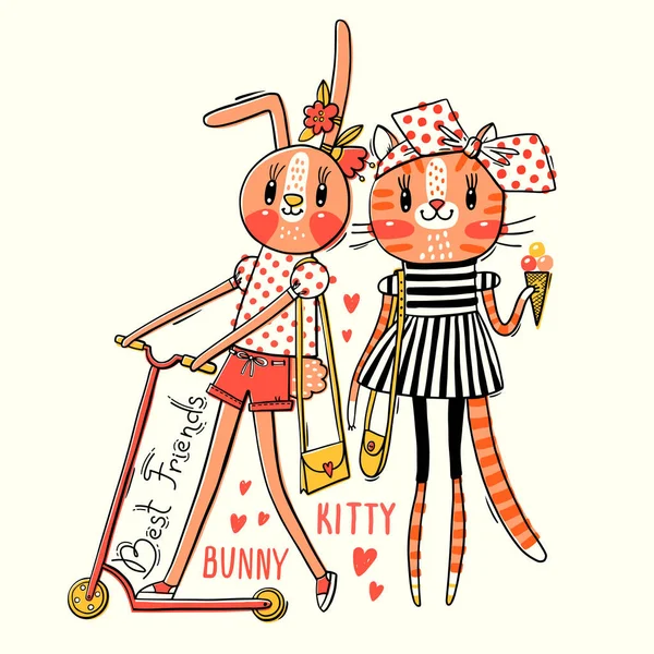 Милая открытка с лучшими друзьями. Котенок и кролик в модной одежде. Может быть использована для принта футболки, дети носят дизайн. Векторная иллюстрация — стоковый вектор