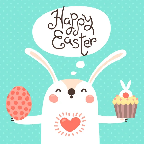 Feliz tarjeta de Pascua con conejito lindo. Conejo blanco con huevo pintado y magdalena de Pascua. Ilustración vectorial — Vector de stock