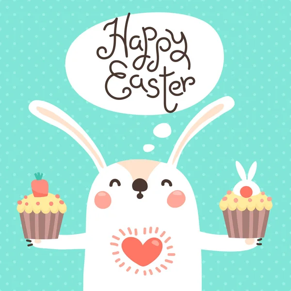 Feliz tarjeta de Pascua con conejito lindo. Conejo blanco con cupcake de Pascua. Ilustración vectorial — Vector de stock