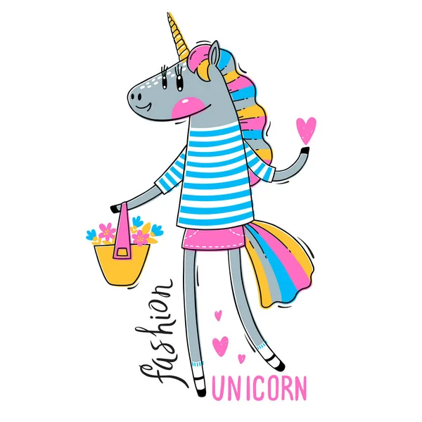 Wektor ilustracja Rainbow Unicorn w modne ubrania. Moda Kawaii zwierzę. Może być używany do druku t-shirt, dzieci nosić Design, baby shower karty — Wektor stockowy