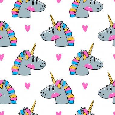Rainbow Unicorn kafaları ile dikişsiz desen. Moda kawaii hayvanlar. Vektör çizimi
