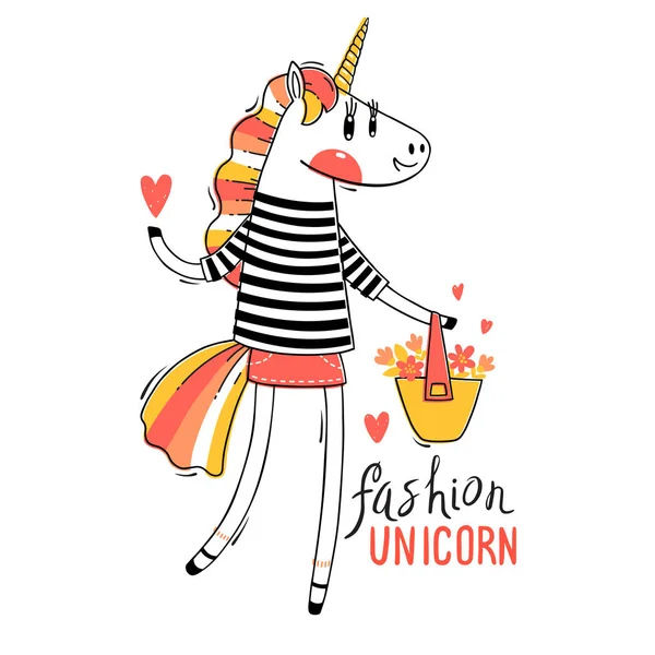 Vector illustration of a Rainbow Unicorn in fashionable clothes. Fashion kawaii animal. Can be used for t-shirt print, kids wear design, baby shower card — Stockvector