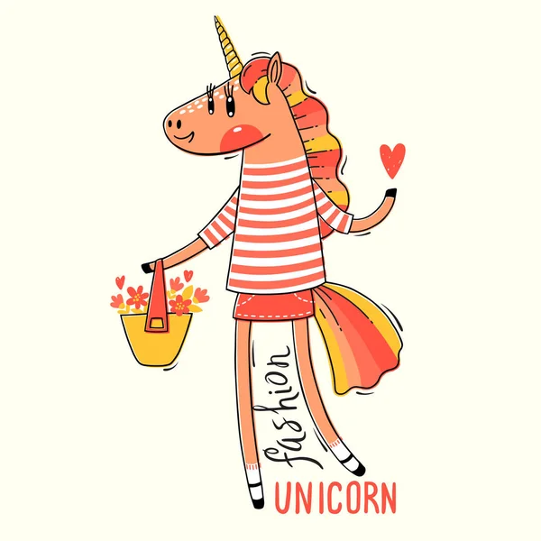 Vector illustration of a Rainbow Unicorn in fashionable clothes. Fashion kawaii animal. Can be used for t-shirt print, kids wear design, baby shower card — Stock Vector