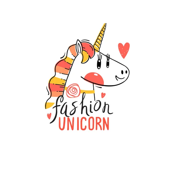 Vector illustratie van een regenboog Unicorn hoofd. Mode kawaii dier. Kan worden gebruikt voor t-shirt print, kinderen dragen ontwerp en nog veel meer — Stockvector