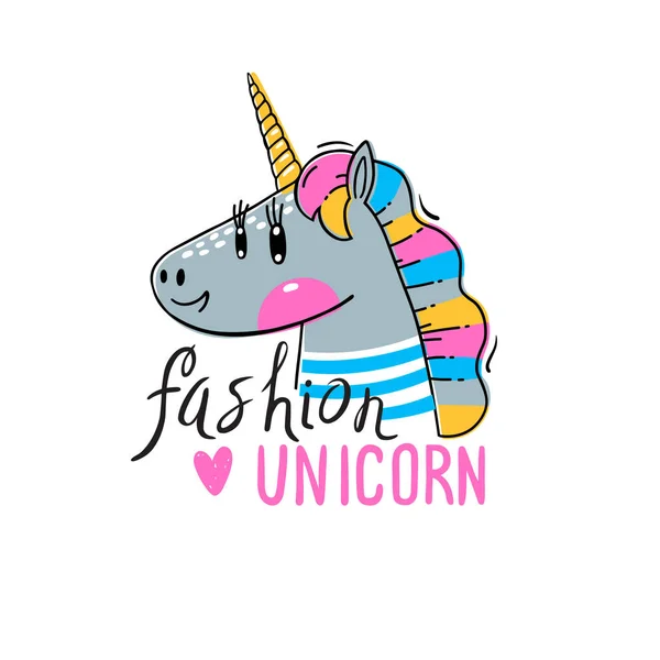 Vector illustratie van een regenboog Unicorn hoofd. Mode kawaii dier. Kan worden gebruikt voor t-shirt print, kinderen dragen ontwerp en nog veel meer — Stockvector