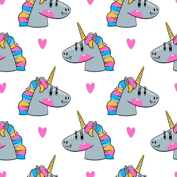 Naadloze patroon met Rainbow Unicorn hoofden. Mode kawaii dieren. Vector illustratie — Stockvector