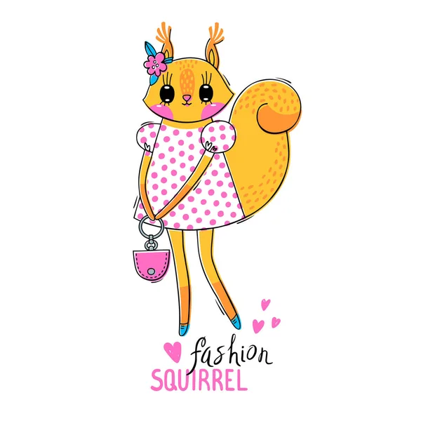 Mode animal kawaii. Illustration vectorielle d'un écureuil en vêtements à la mode. Peut être utilisé pour l'impression de t-shirt, la conception de vêtements pour enfants, la carte de douche pour bébé — Image vectorielle