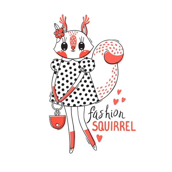 Moda kawaii animal. Ilustração de vetor de um esquilo na roupa na moda. Pode ser usado para impressão de t-shirt, design de desgaste de crianças, cartão de banho de bebê — Vetor de Stock