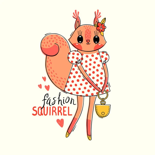 Ζώο της μόδας. Απεικόνιση ενός σκίουρο σε μοντέρνα ρούχα. Μπορεί να χρησιμοποιηθεί για το t-shirt print, τα παιδιά φορούν σχέδιο, κάρτα ντους μωρών — Διανυσματικό Αρχείο
