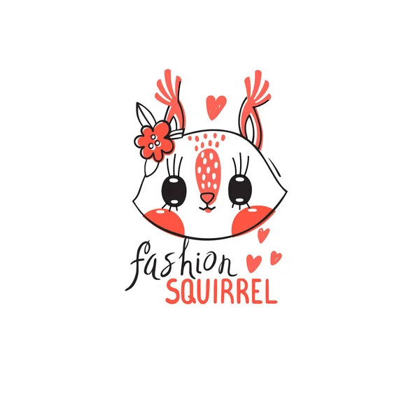 Mode kawaii djur. Vektor illustration av en ekorre ansikte med en barrettes blommor. Kan användas för t-shirt Print, barnkläder design, baby shower kort — Stock vektor