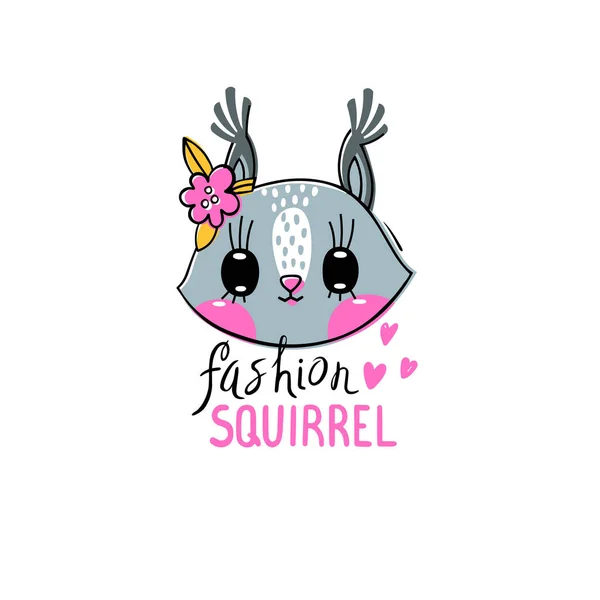 Fashion kawaii animal. Vector illustration of a squirrel face with a barrettes flowers. Can be used for t-shirt print, kids wear design, baby shower card — Stockvector