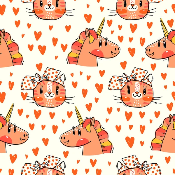 Modello senza cuciture con facce di gatti e unicorno arcobaleno. Animale kawaii di moda. Illustrazione vettoriale — Vettoriale Stock