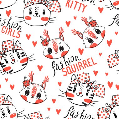 Kedi ve sincap yüzleri ile dikişsiz desen. Moda kızları. Kawaii hayvanı. Vektör çizimi
