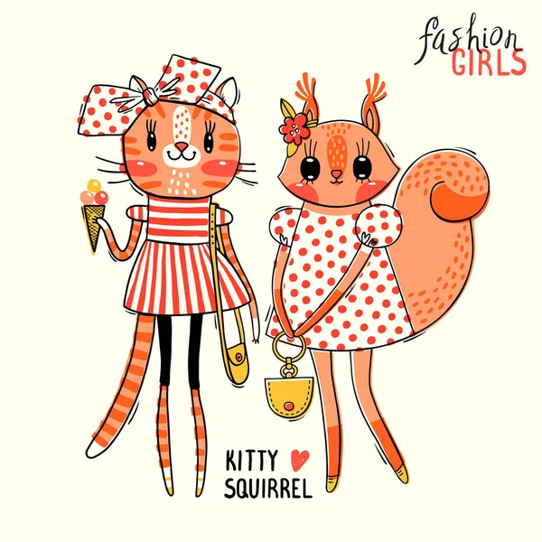 Cute card with best friends. Fashion girls. Baby kitten and squirrel in fashionable clothes. Can be used for t-shirt print, kids wear design. Vector illustration — Stock Vector