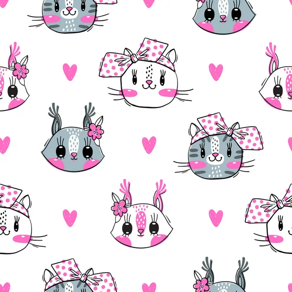 Modello senza cuciture con facce di gatti e scoiattolo. Ragazze di moda. Animale Kawaii. Illustrazione vettoriale — Vettoriale Stock