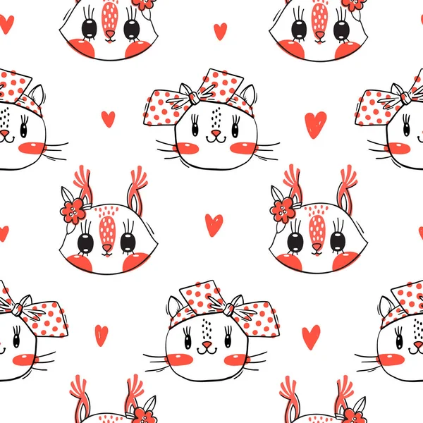 Seamless pattern with faces of cats and squirrel. Fashion girls. Kawaii animal. Vector illustration — Stock Vector