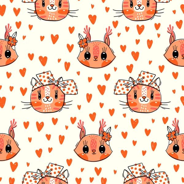 Modello senza cuciture con facce di gatti e scoiattolo. Ragazze di moda. Animale Kawaii. Illustrazione vettoriale — Vettoriale Stock