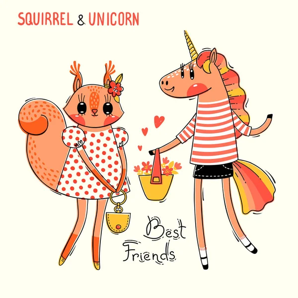 Cute card with best friends. Baby squirrel and rainbow unicorn in fashionable clothes. Can be used for t-shirt print, kids wear design. Vector illustration — Stock Vector