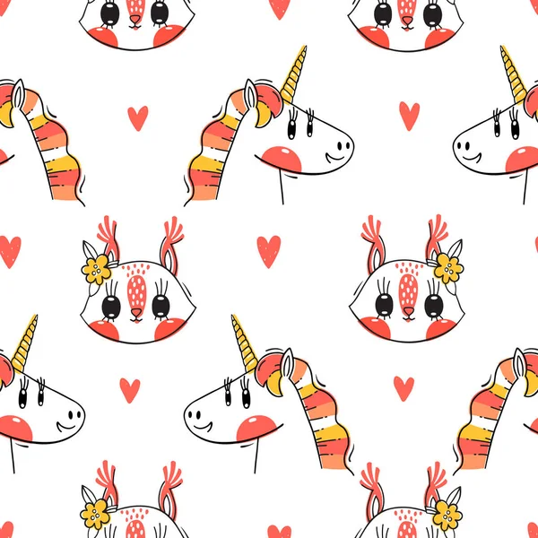 Patrón sin costuras con caras de ardilla y unicornio arco iris. Moda animal kawaii. Ilustración vectorial — Archivo Imágenes Vectoriales