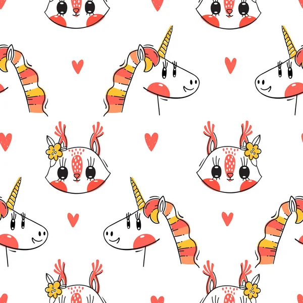 Modello senza cuciture con facce di scoiattolo e unicorno arcobaleno. Animale kawaii di moda. Illustrazione vettoriale — Vettoriale Stock