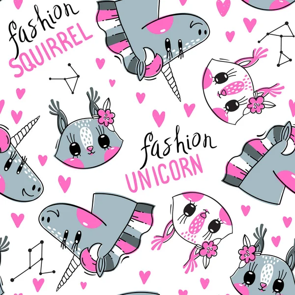 Sömlöst mönster med ansikten av ekorre och Rainbow Unicorn. Mode kawaii djur. Vektor illustration — Stock vektor