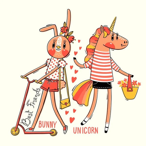 Leuke kaart met beste vrienden. Baby Bunny en Rainbow unicorn in modieuze kleding. Kawaii dier. Kan worden gebruikt voor t-shirt print, Kids Wear design. Vector illustratie — Stockvector