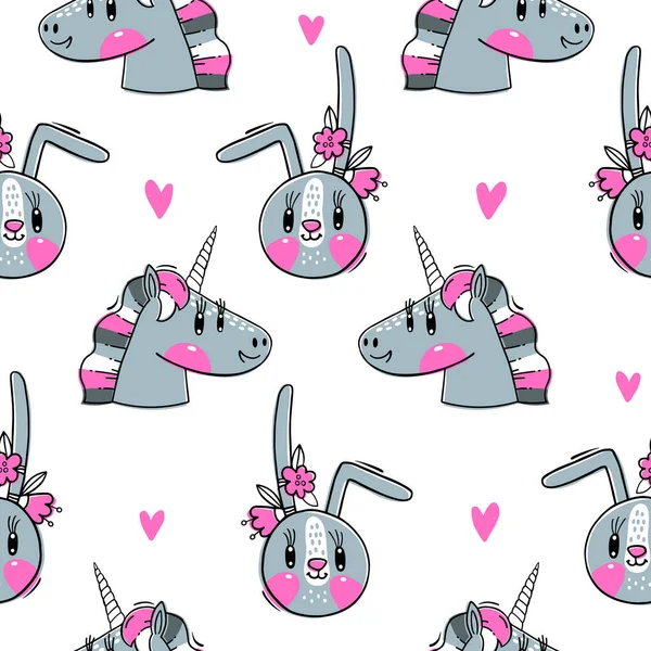 Naadloos patroon met gezichten van Bunny en Rainbow Unicorn. Mode kawaii dier. Vector illustratie — Stockvector