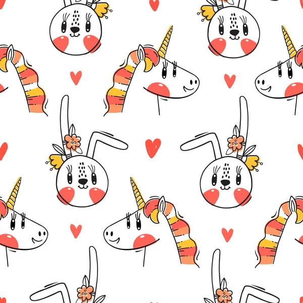 Patrón sin costuras con caras de conejo y unicornio arco iris. Moda animal kawaii. Ilustración vectorial — Archivo Imágenes Vectoriales