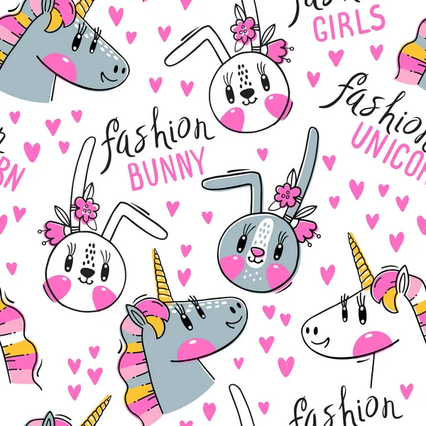 Naadloos patroon met gezichten van Bunny en Rainbow Unicorn. Mode kawaii dier. Vector illustratie — Stockvector