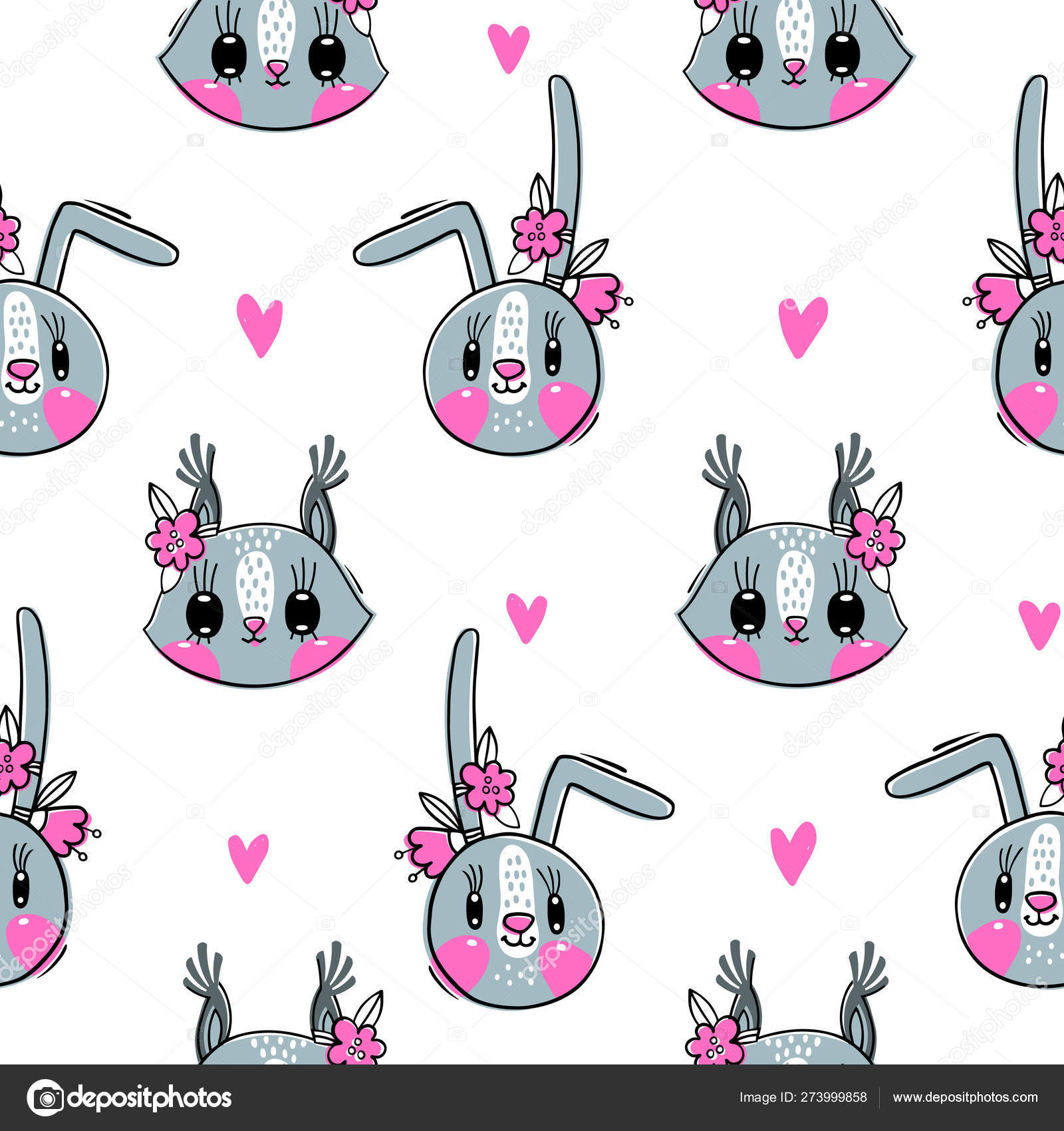 Sømløst mønster med ansikter av kanin og ekorn. Motejenter. Kawaii-dyr.  Vektorillustrasjon stockvektor © Baksiabat #273999858, image size:1600x1700