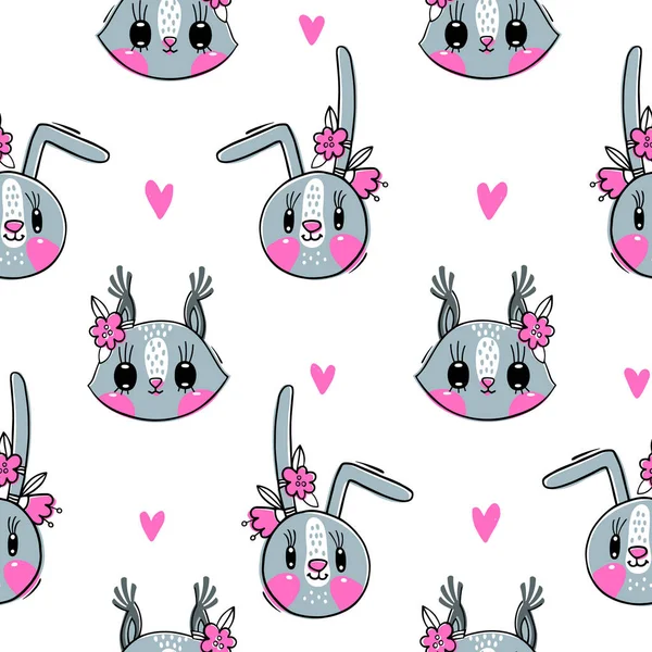 Bunny ve sincap yüzleri ile Dikişsiz desen. Moda kızları. Kawaii hayvanı. Vektör Illustration — Stok Vektör