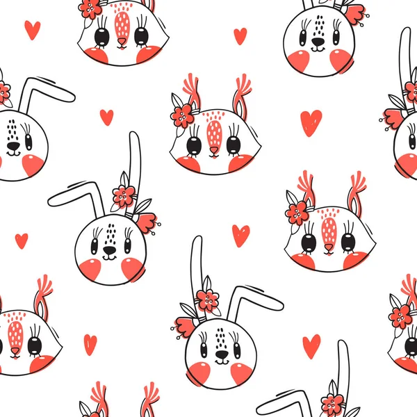 Seamless pattern with faces of bunny and squirrel. Fashion girls. Kawaii animal. Vector illustration — Stock Vector