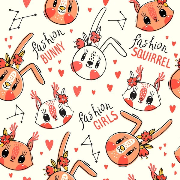 Modèle sans couture avec des visages de lapin et d'écureuil. Des filles mode. Un animal kawaii. Illustration vectorielle — Image vectorielle