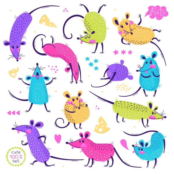 Набор забавных крыс для дизайна. Милые мышки в разных позах. Весёлого мышиного рома. Векторная иллюстрация — стоковый вектор