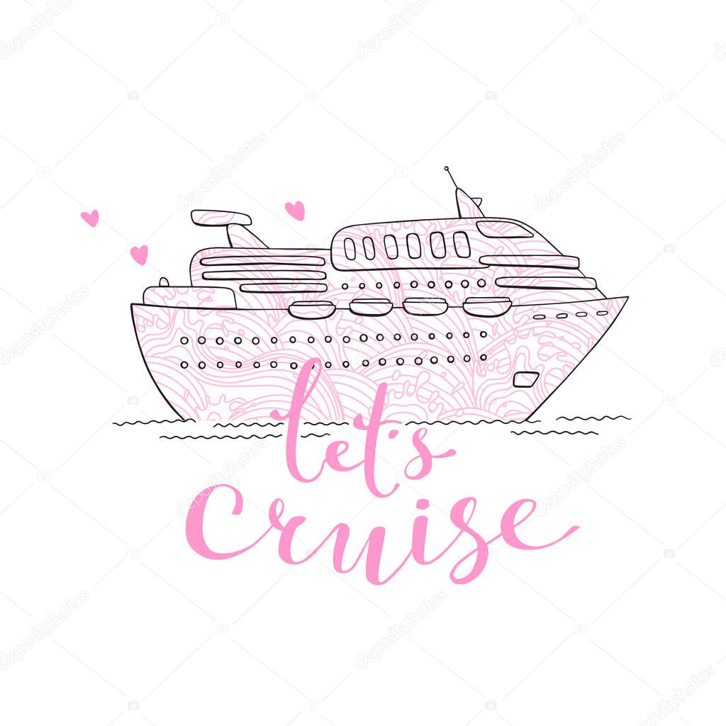 Cute card with a cruise ship. Concept for honeymoon trip, vacation, journey, travel. Vector illustration