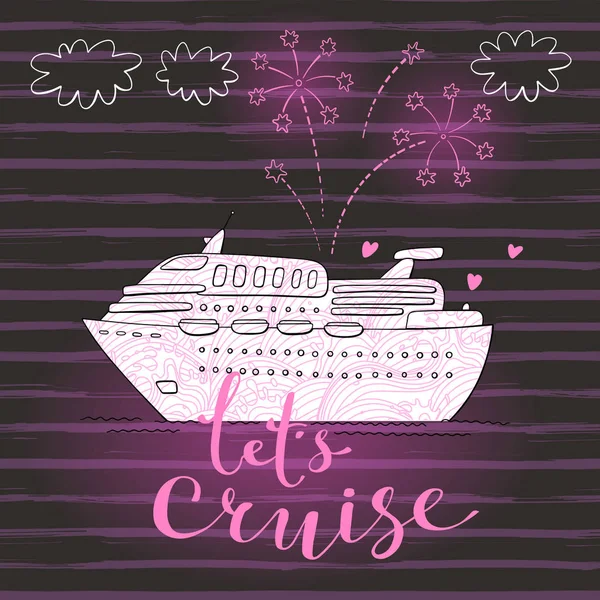 Cute card with a cruise ship and fireworks. Concept for honeymoon trip, vacation, journey, travel. Vector illustration — Stock Vector