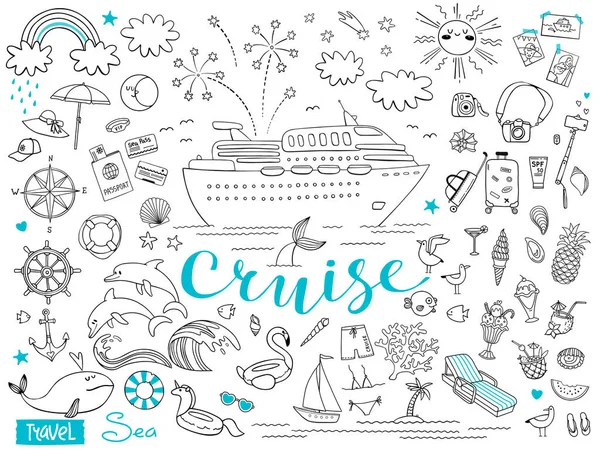 Graphic set of elements. Journey on a cruise ship. Package tour. Vector illustration on the theme of sea travel — Stock Vector