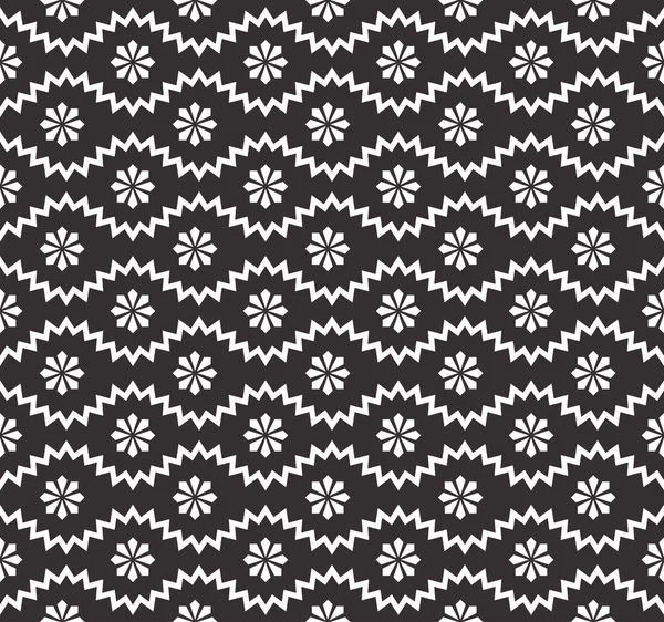 Seamless pattern with geometric zigzag and small flowers, snowflakes, stars. Abstract black and white texture. Simple monochrome background. Repeat design for decor, fabric, prints — Stock Vector