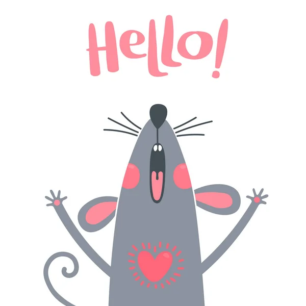 Tarjeta de felicitación con una linda rata. Dulce ratón dice hola. Ilustración vectorial — Vector de stock